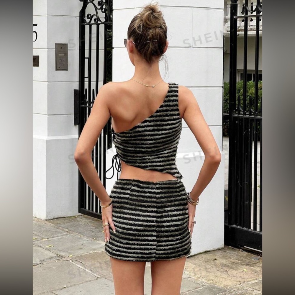 SHEIN ICON Striped One Shoulder Drawstring Side Crop Top & Skirt size M NWT - Picture 3 of 15